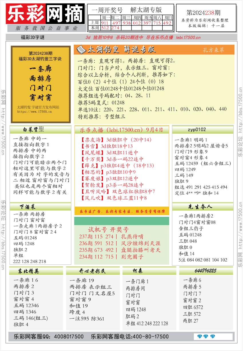 福彩3D第2024238期★字谜总汇★预测版★解太湖