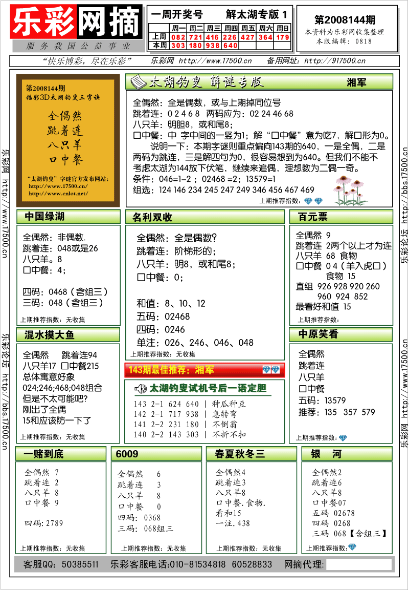 福彩3D第2008144期解太湖钓叟总汇