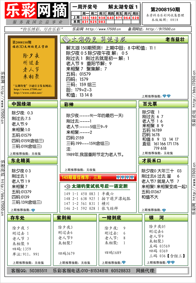 福彩3D第2008150期解太湖钓叟总汇