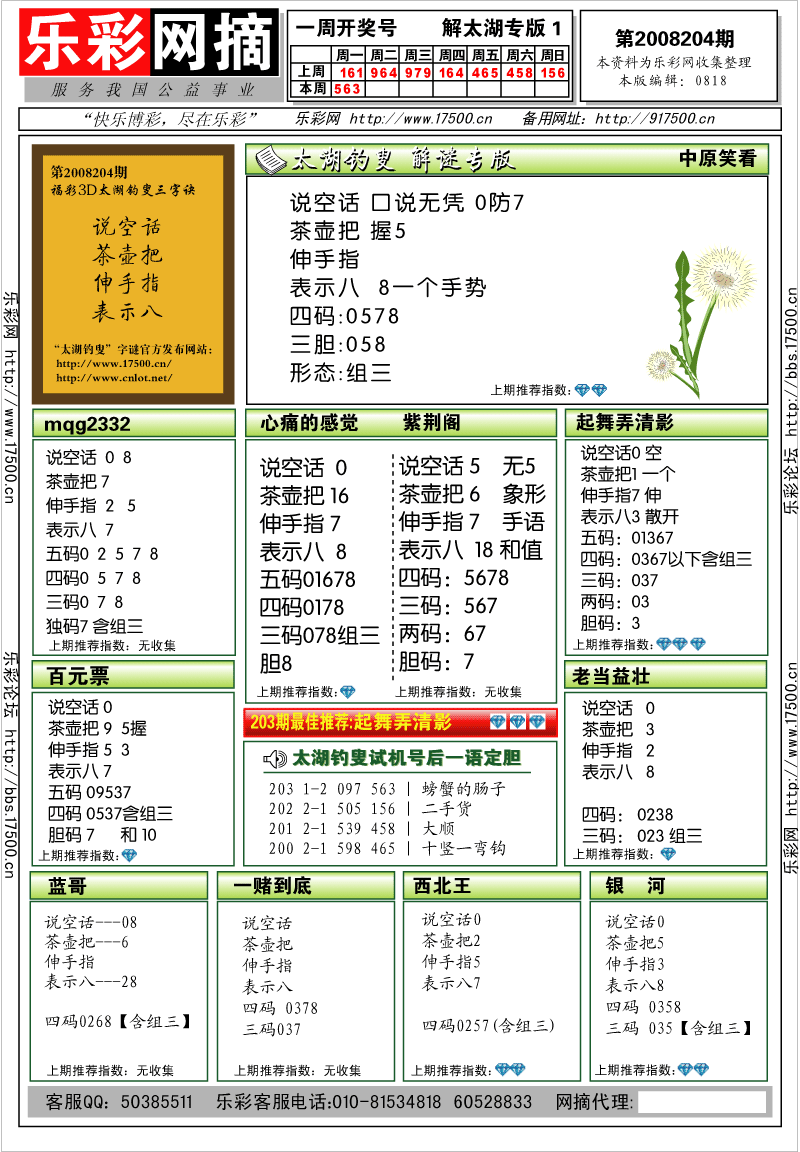 福彩3d第2008204期解太湖钓叟总汇