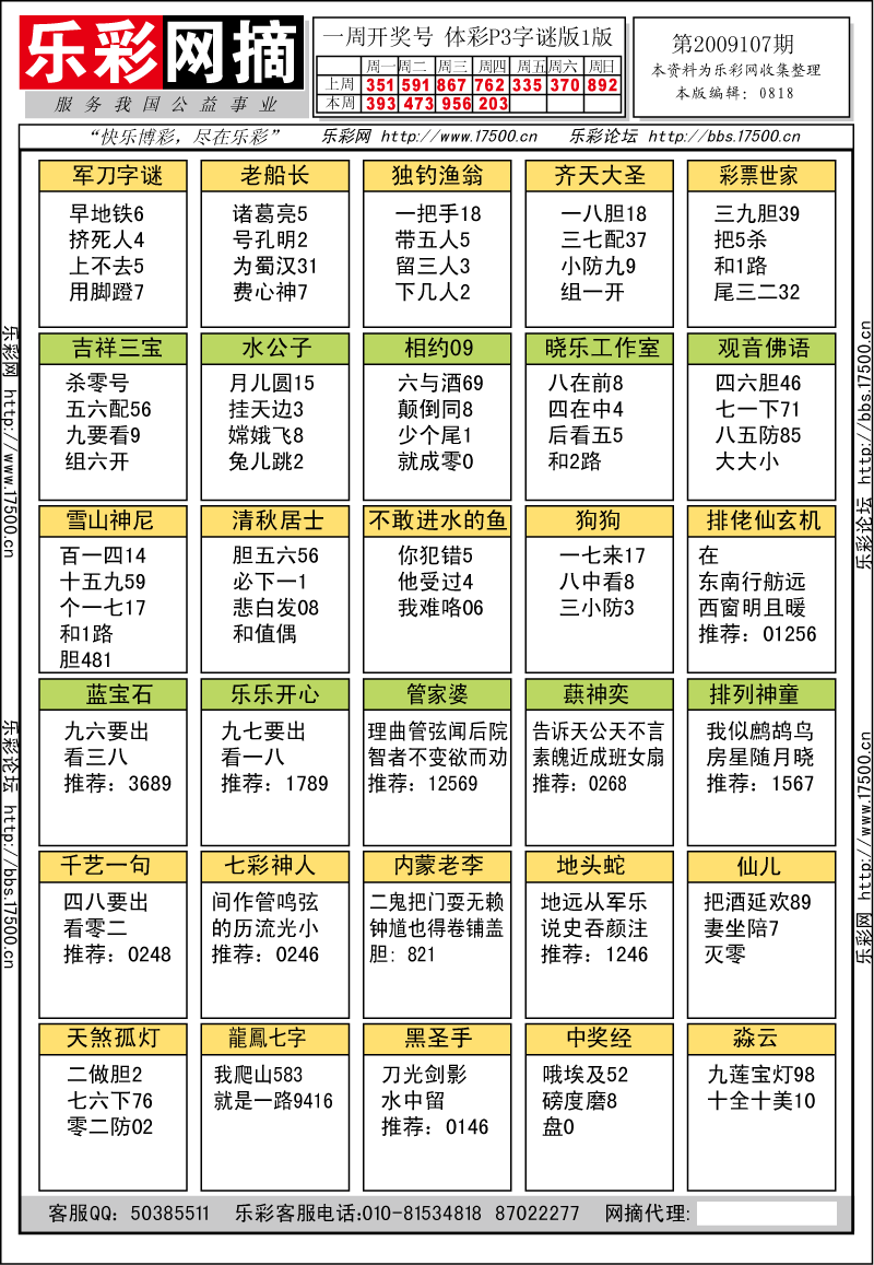 排列三第2009107期字谜总汇