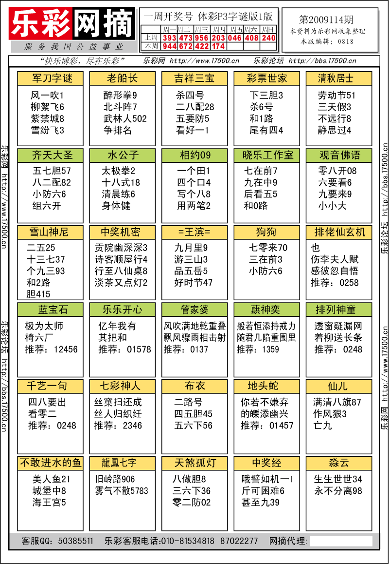 排列三第2009114期字谜总汇