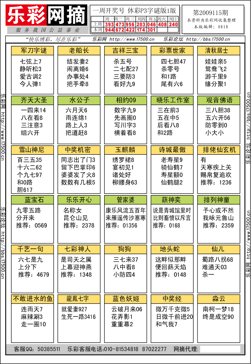 排列三第2009115期字谜总汇