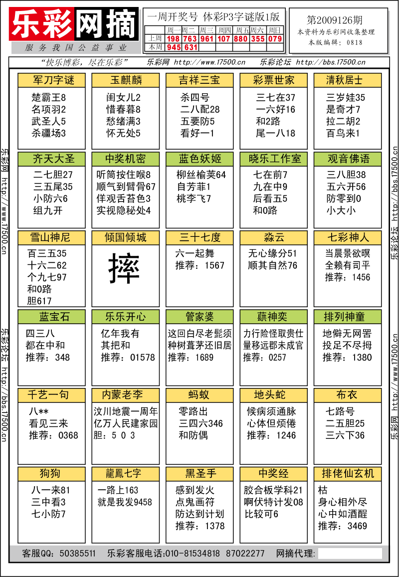 排列三第2009126期字谜总汇