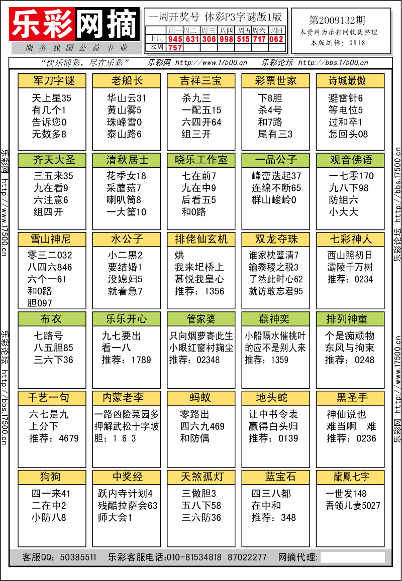 排列三第2009132期字谜总汇