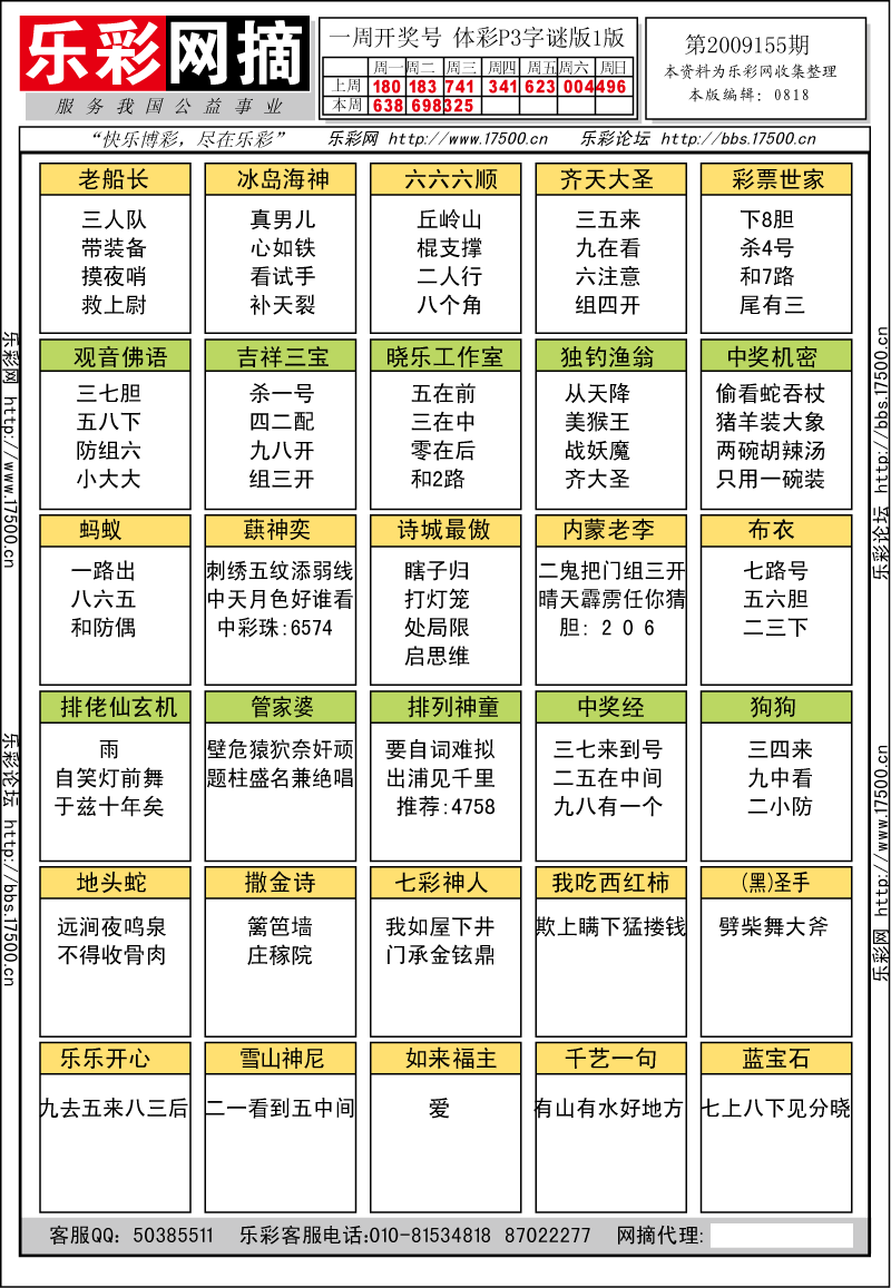 排列三第2009155期字谜总汇