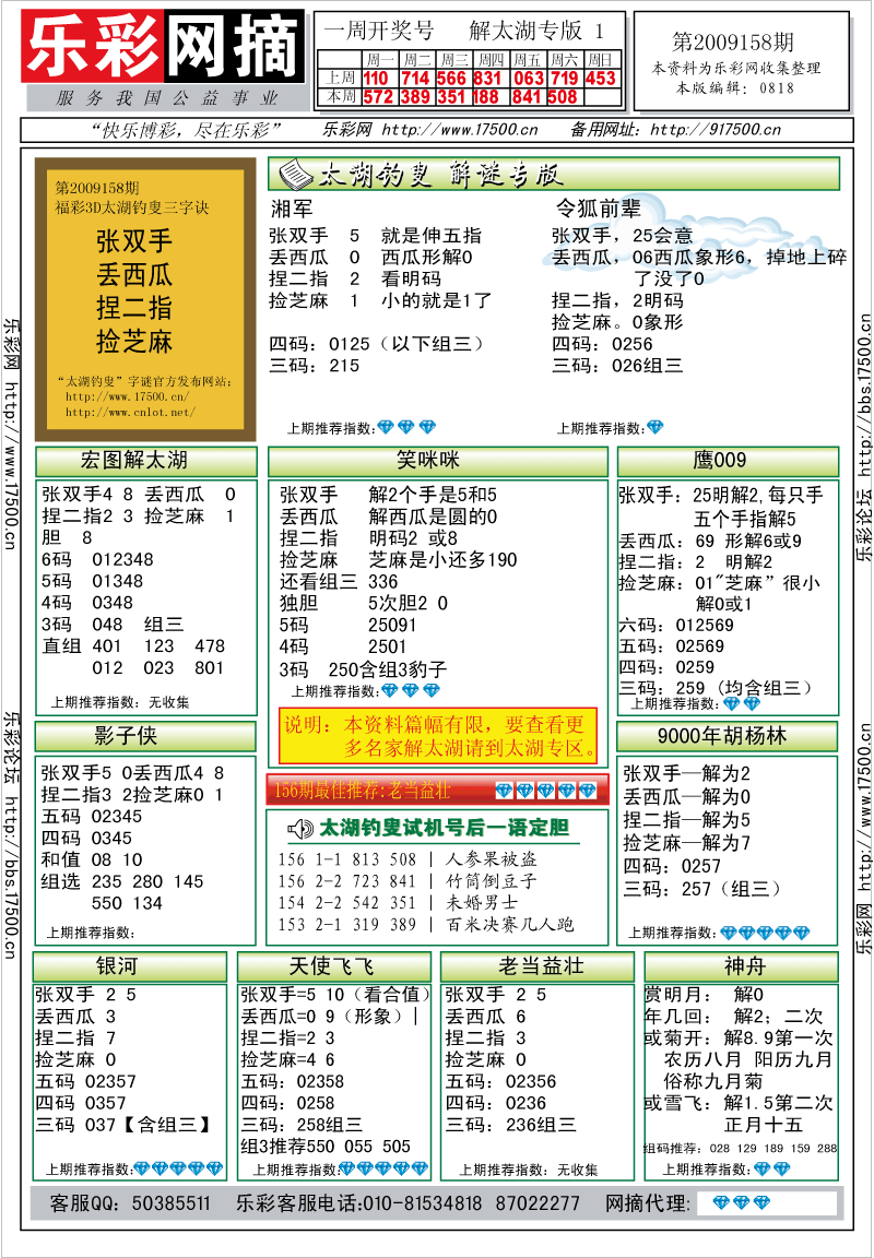 福彩3D第2009158期解太湖钓叟总汇