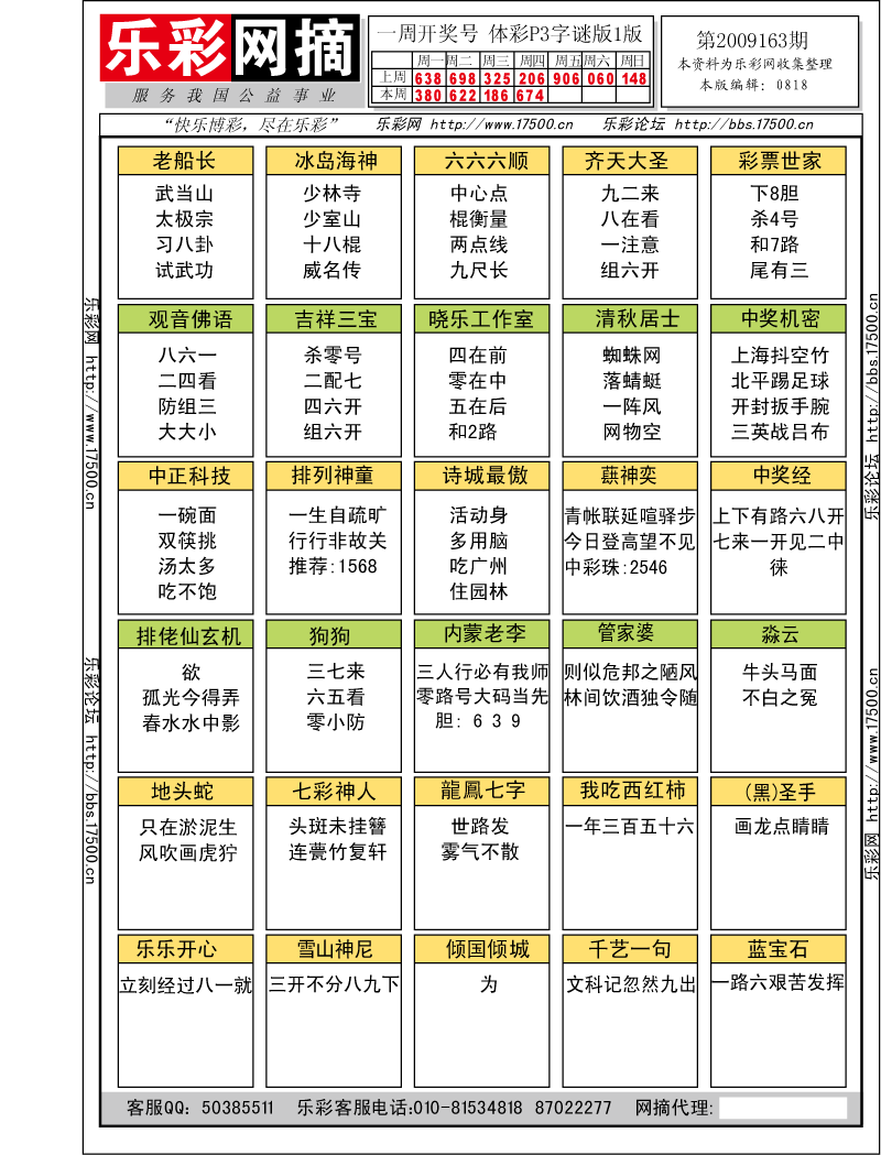 排列三第2009163期字谜总汇