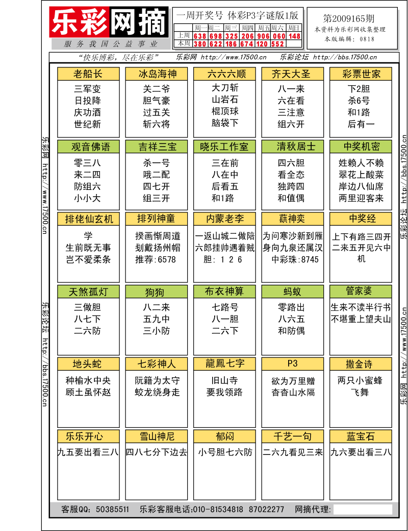 排列三第2009165期字谜总汇