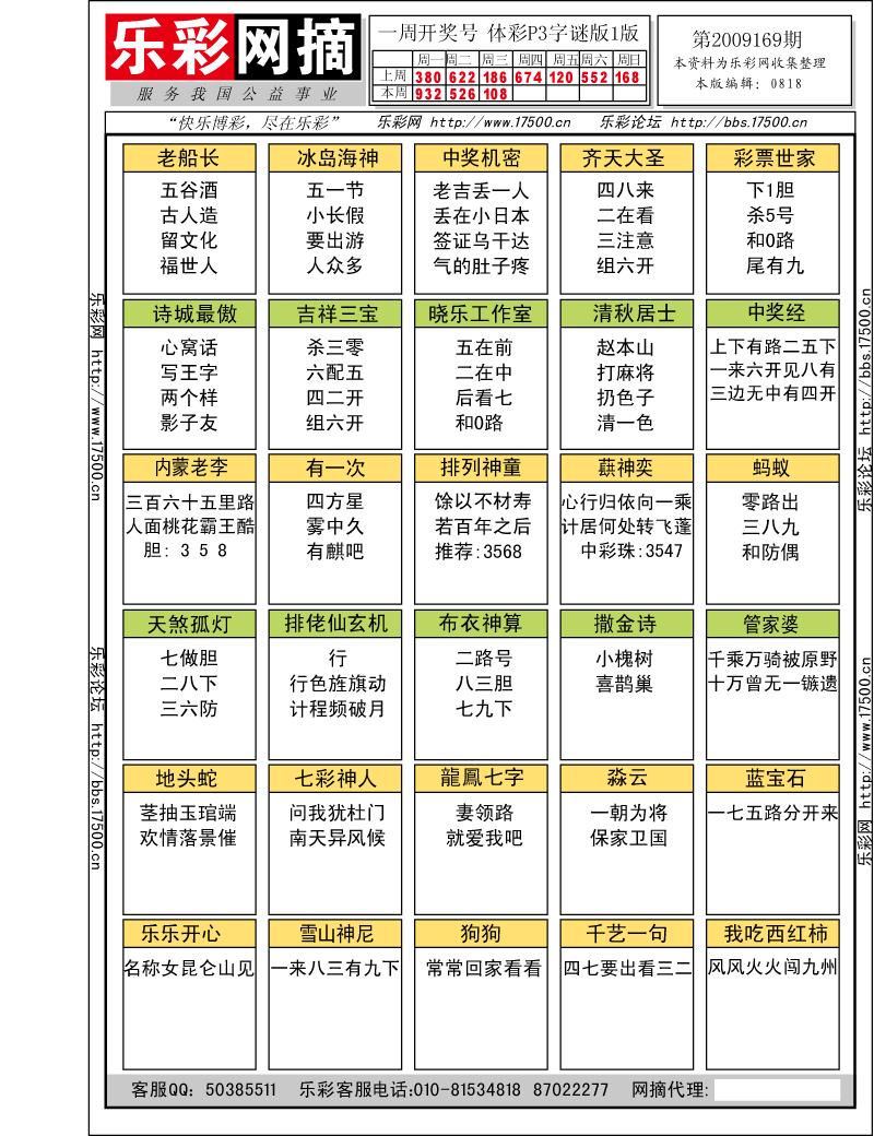 排列三第2009169期字谜总汇