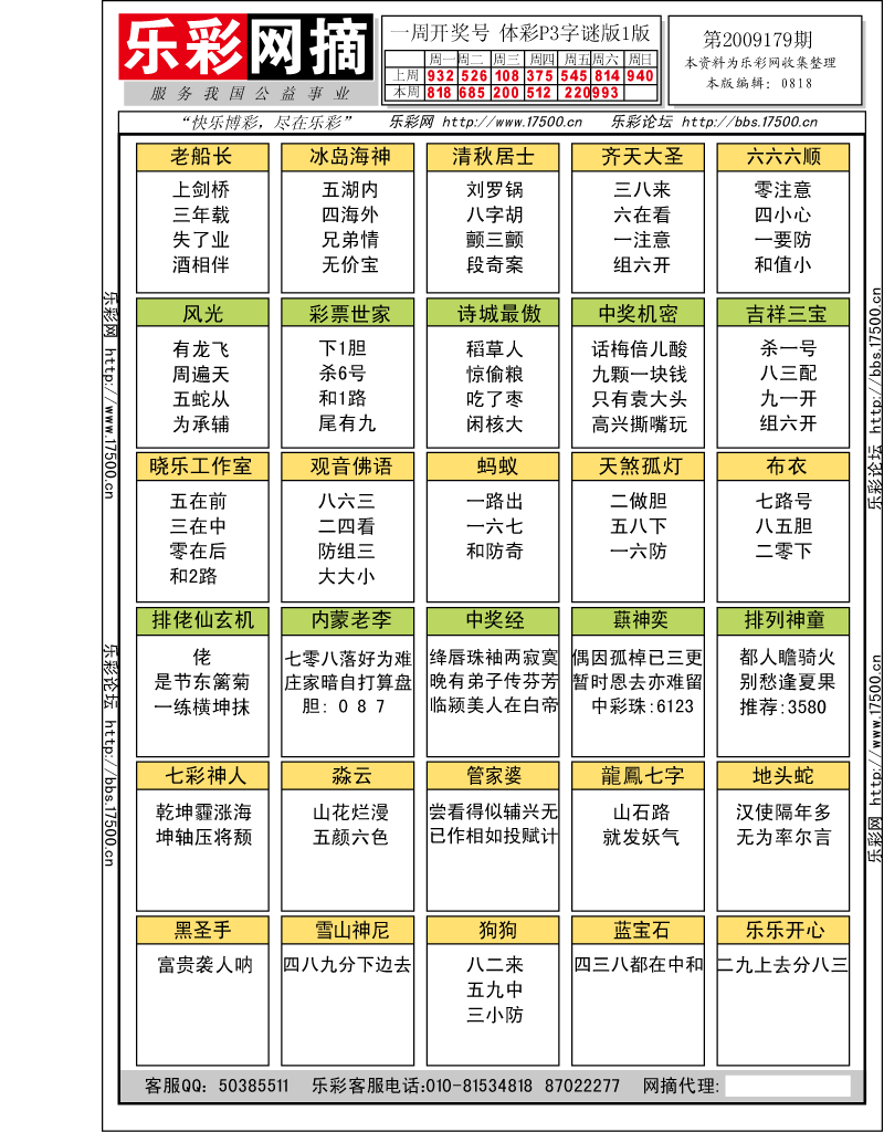 排列三第2009179期字谜总汇