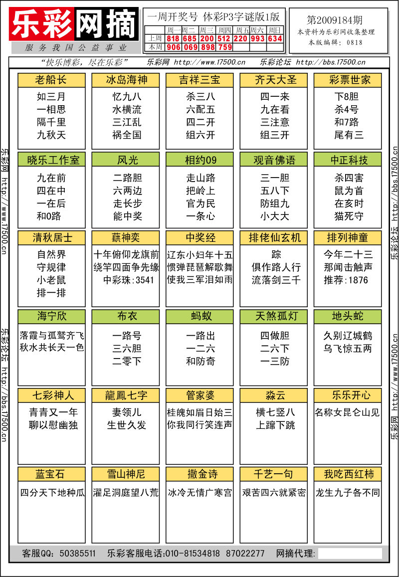 排列三第2009184期字谜总汇