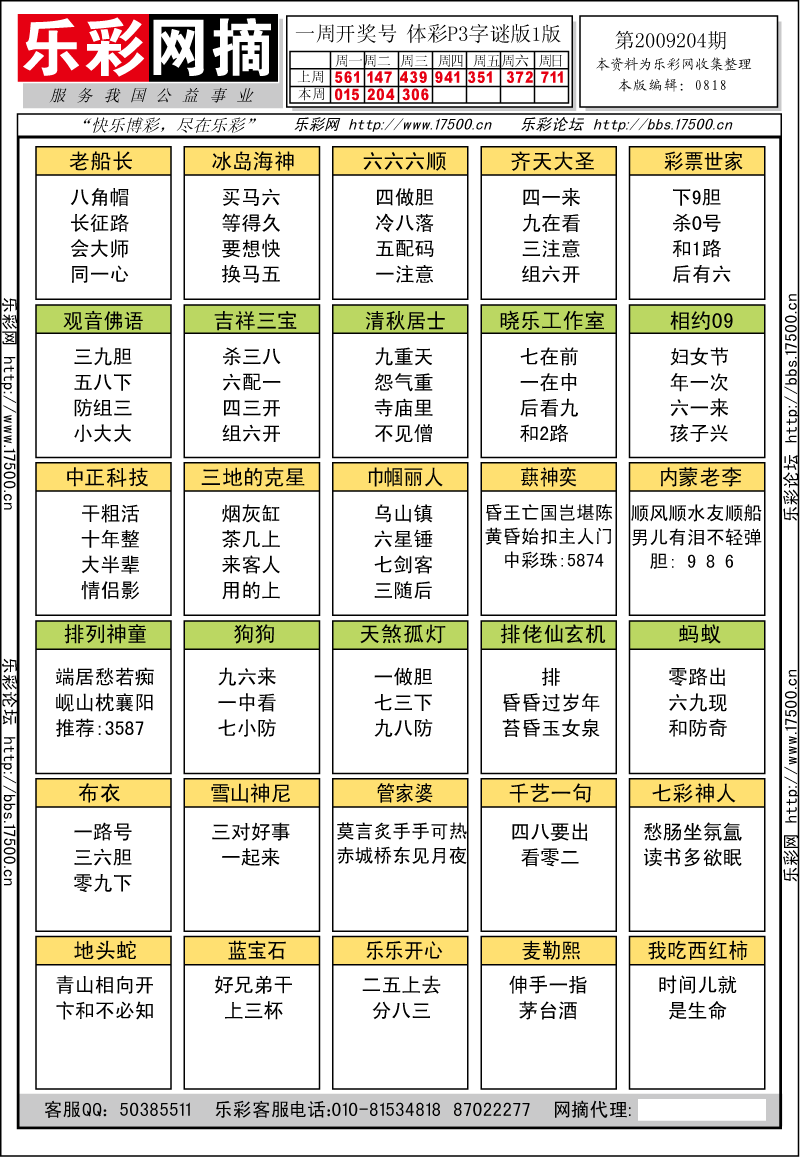 排列三第2009201期字谜总汇