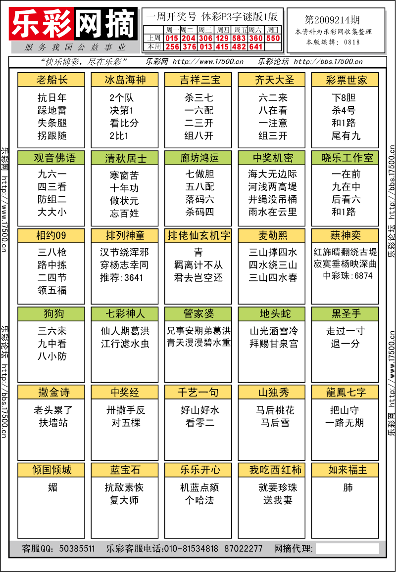 排列三第2009214期字谜总汇