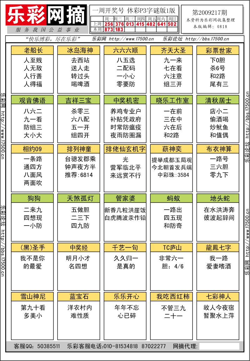 排列三第2009217期字谜总汇