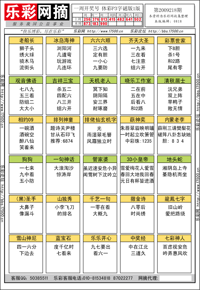 排列三第2009218期字谜总汇