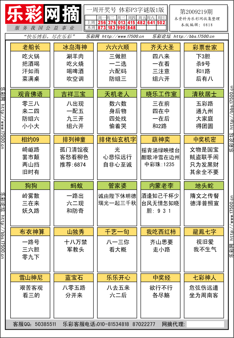 排列三第2009219期字谜总汇