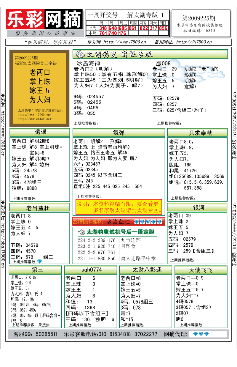 福彩3D第2009225期解太湖钓叟总汇