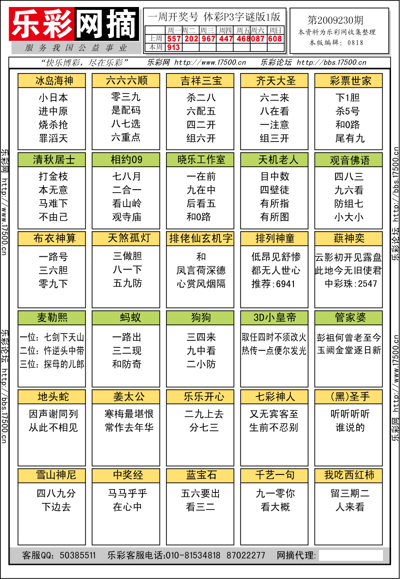 排列三第2009230期字谜总汇