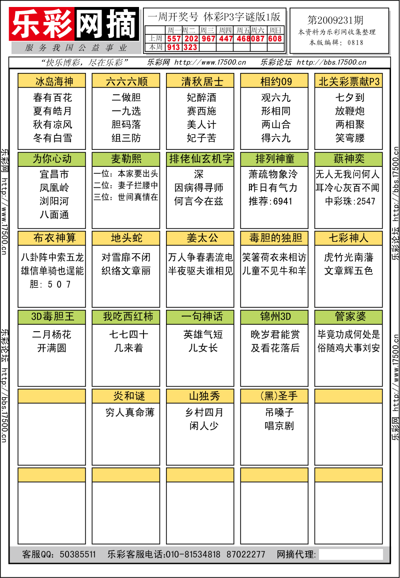 排列三第2009231期字谜总汇