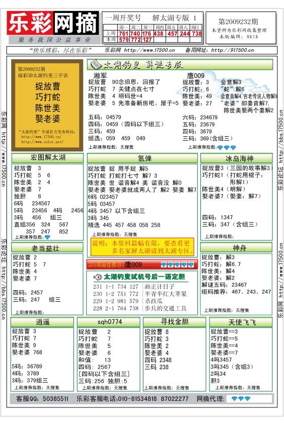 福彩3D第2009232期解太湖钓叟总汇