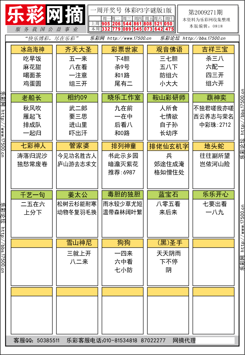 排列三第2009272期字谜总汇