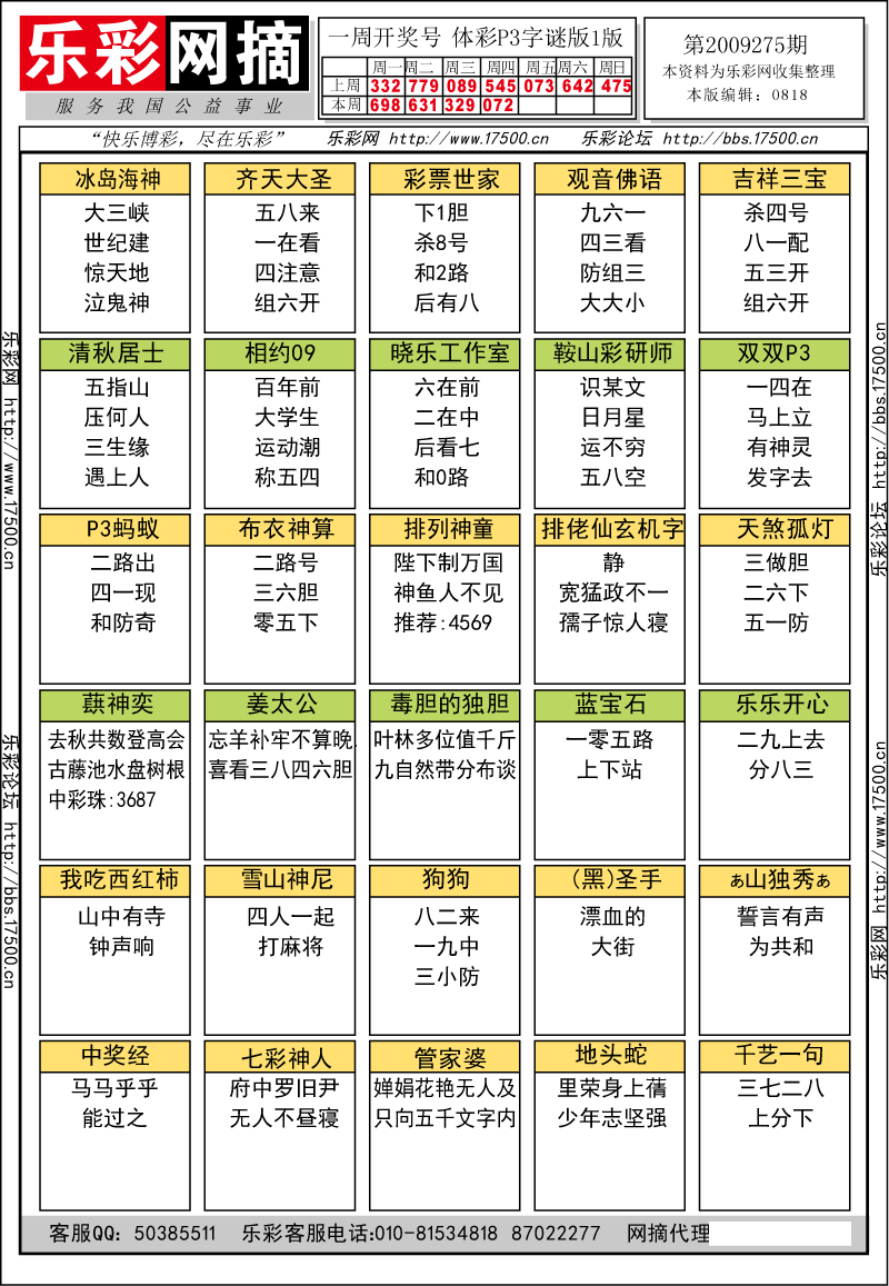 排列三第2009275期字谜总汇