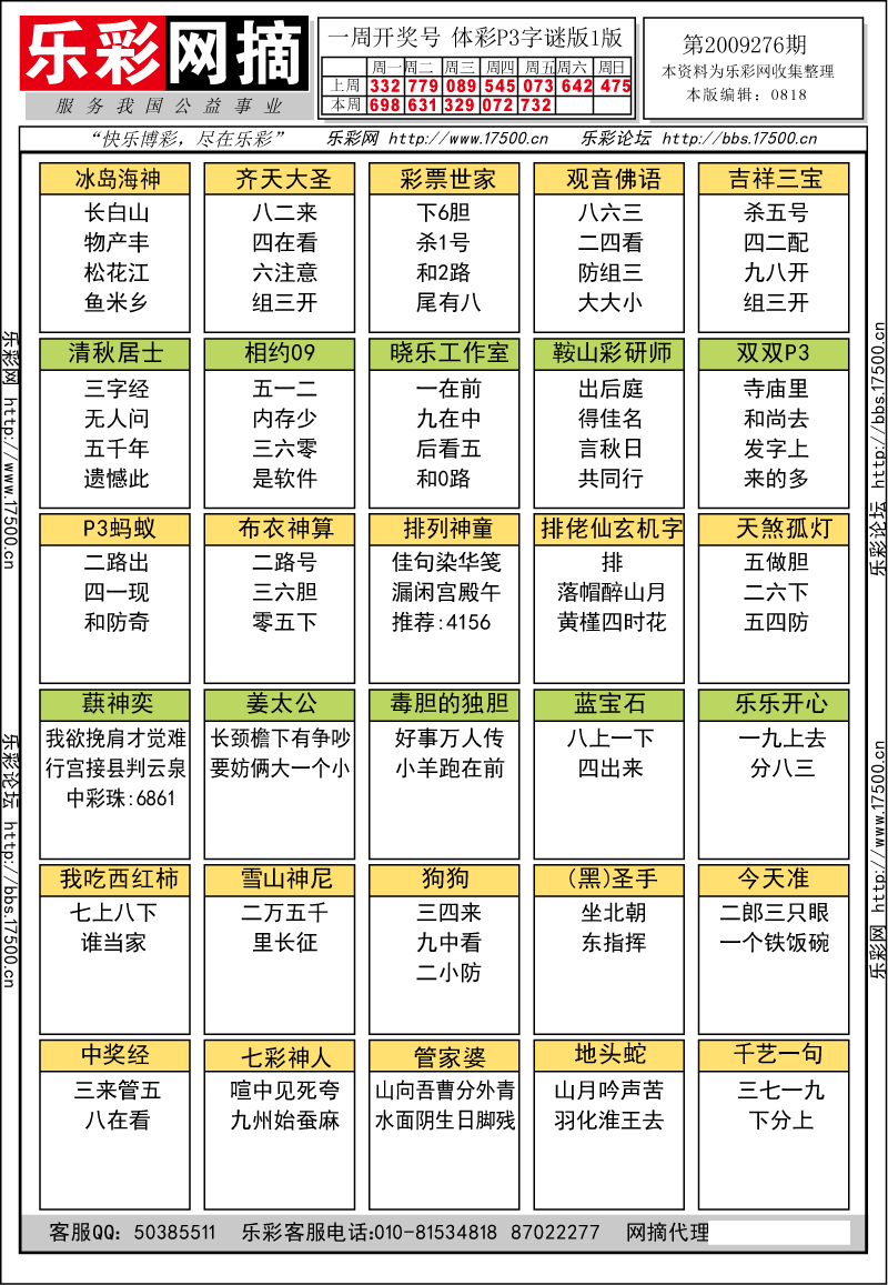 排列三第2009276期字谜总汇