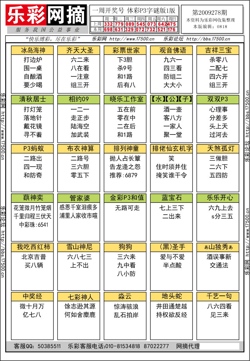 排列三第2009278期字谜总汇