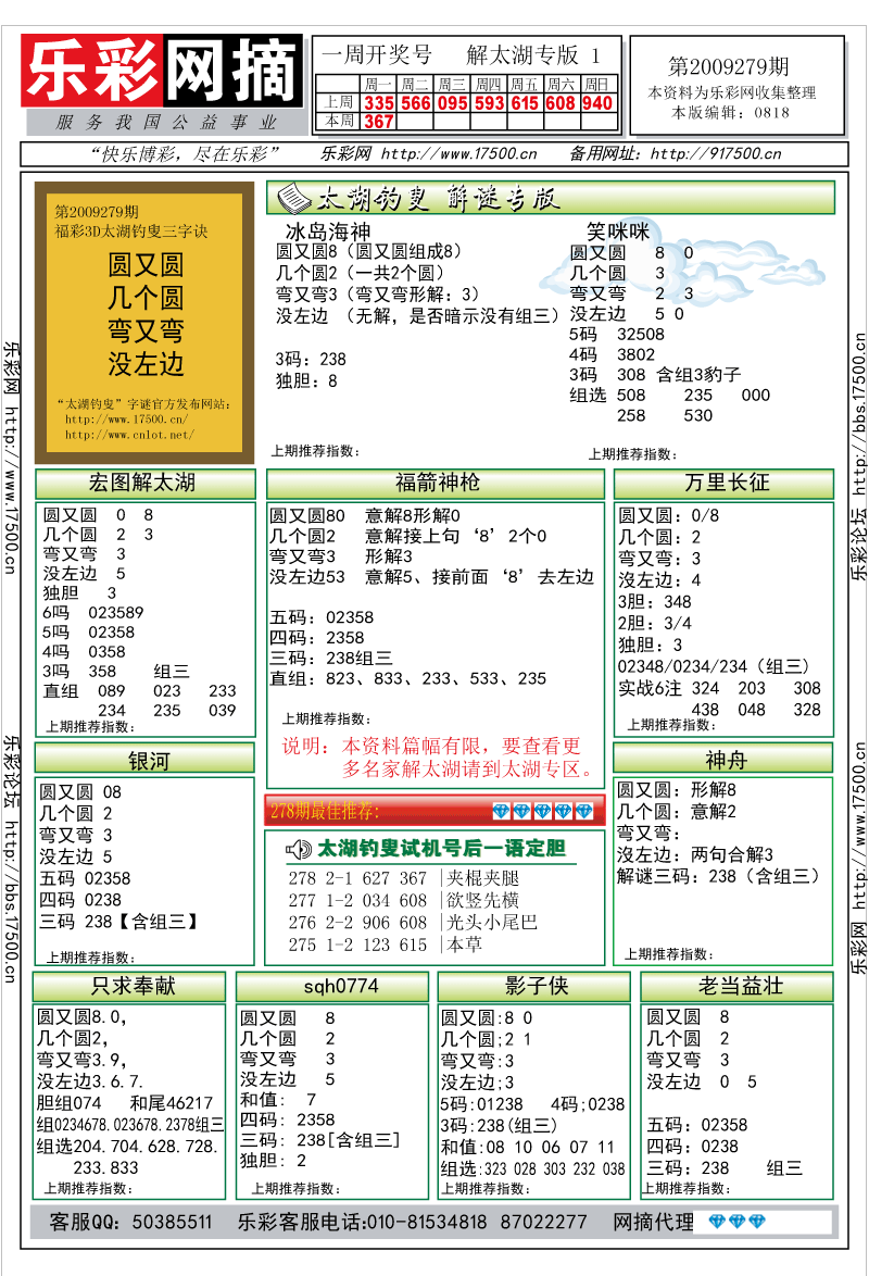 福彩3D第2009279期解太湖钓叟总汇