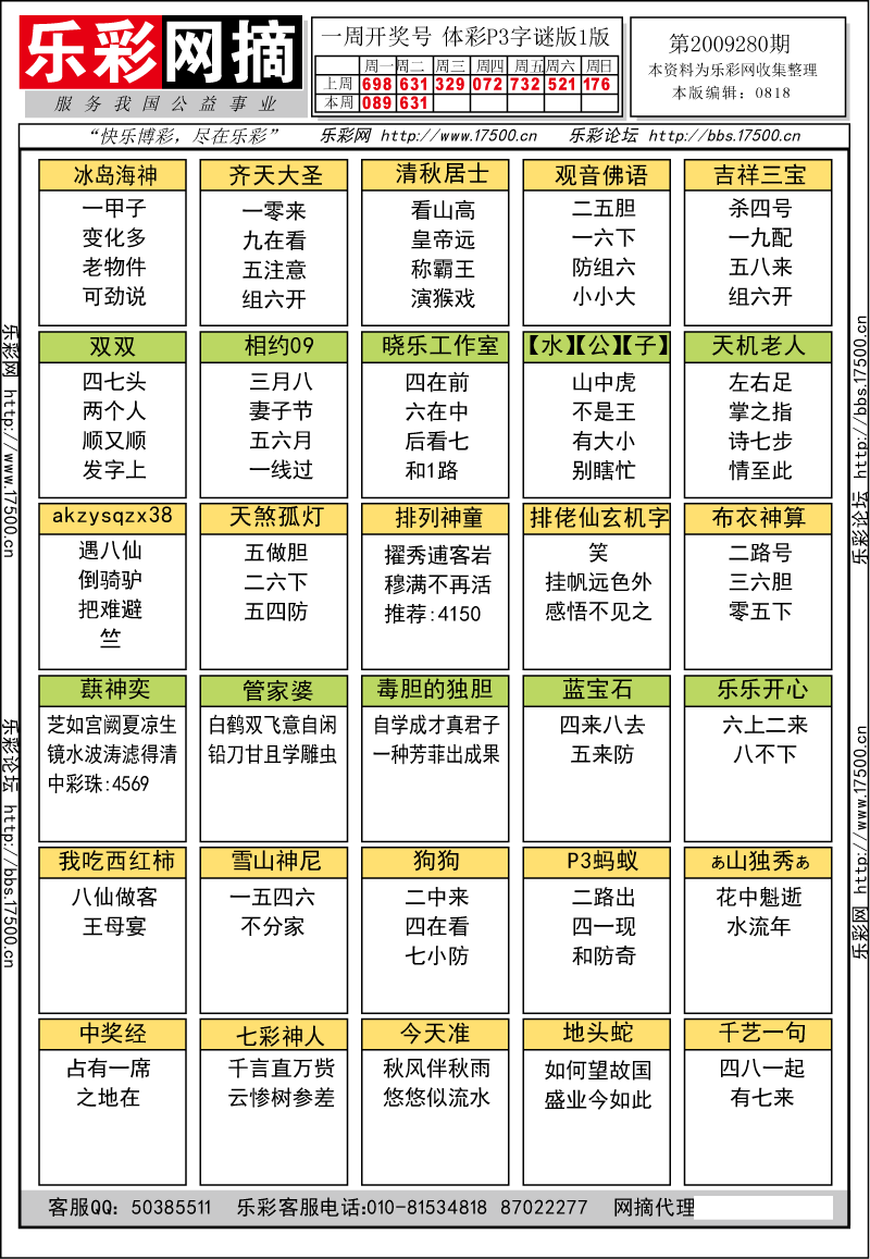 排列三第2009280期字谜总汇