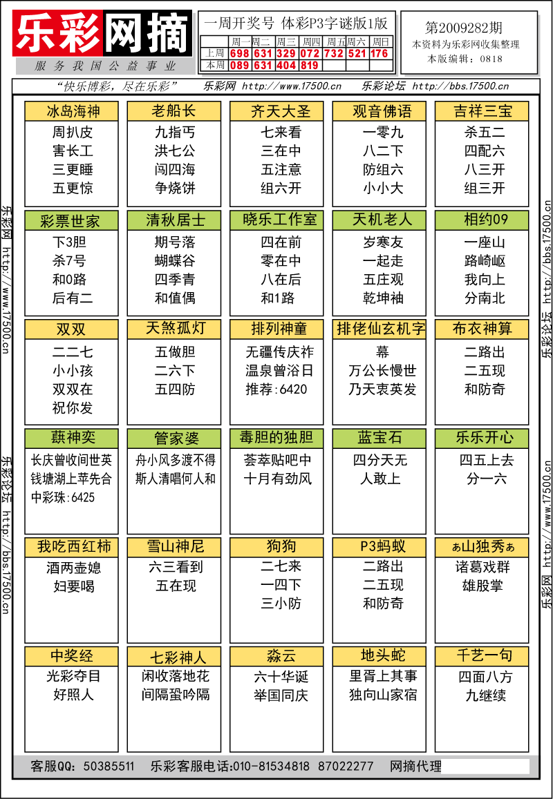 排列三第2009282期字谜总汇