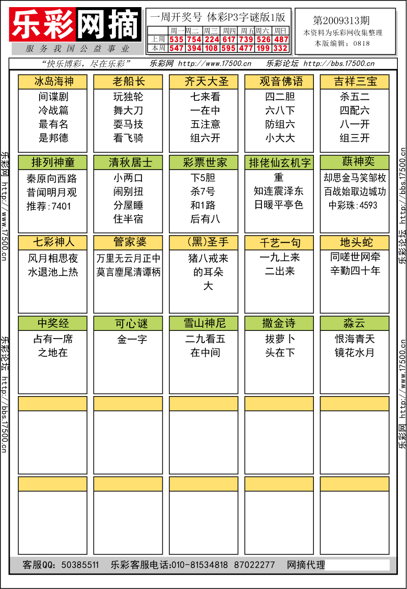 排列三第2009313期字谜总汇