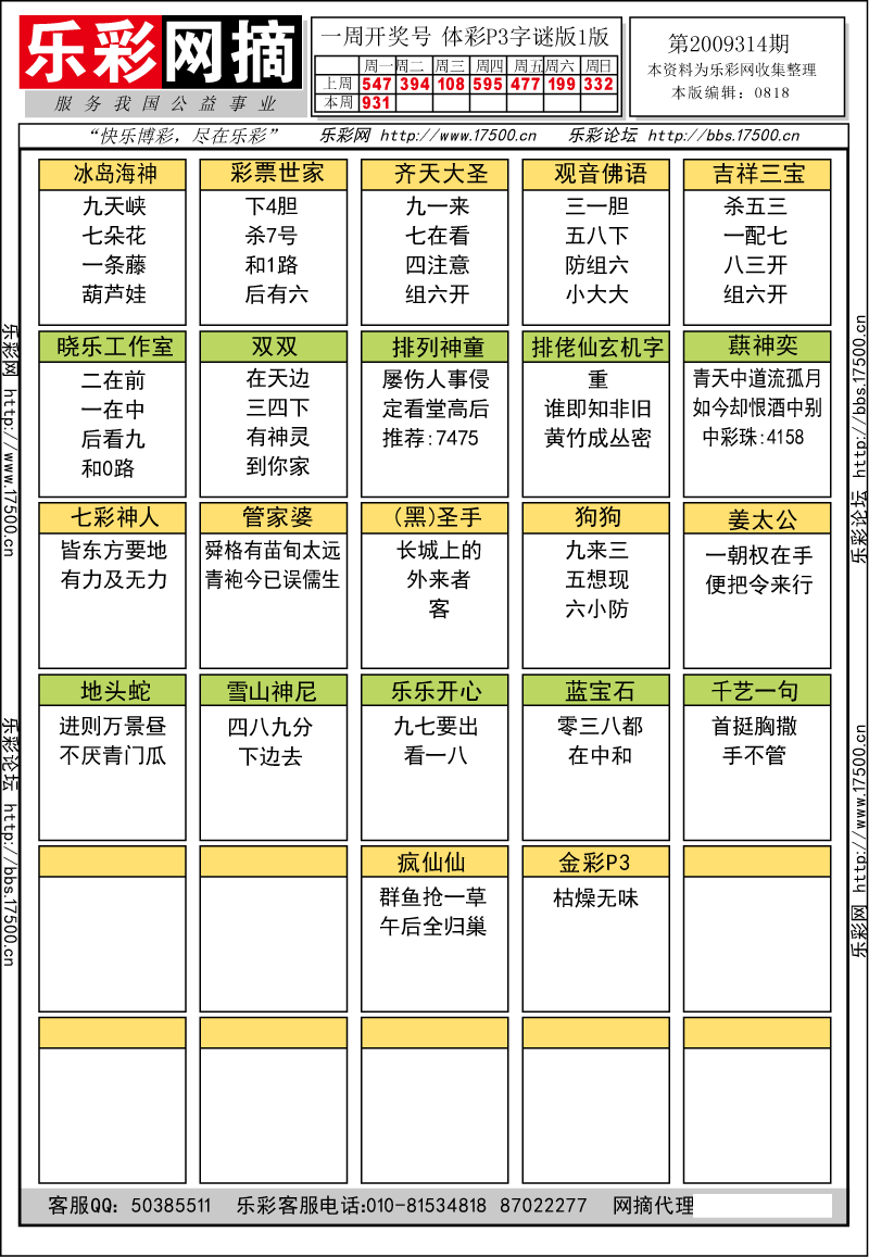 排列三第2009314期字谜总汇