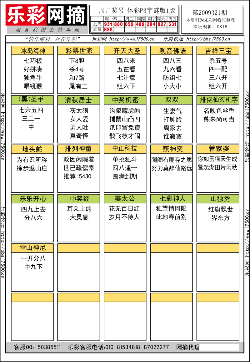 排列三第2009321期字谜总汇