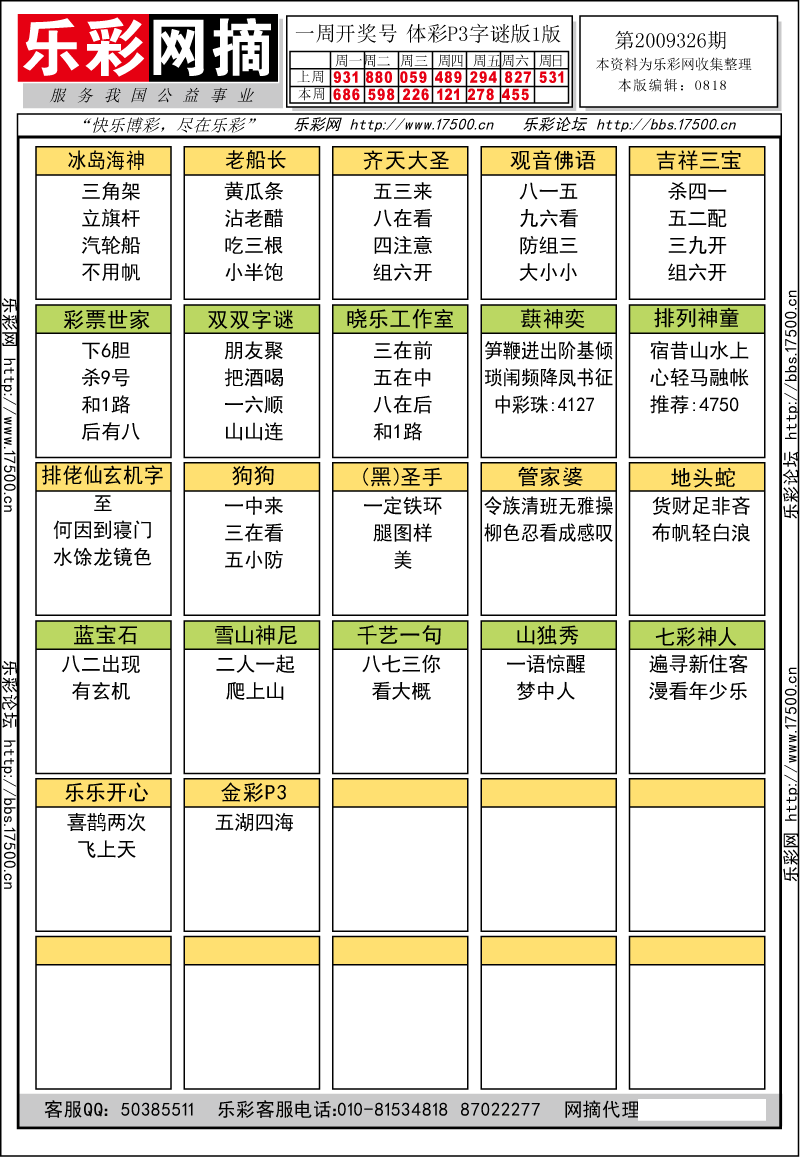 排列三第2009326期字谜总汇