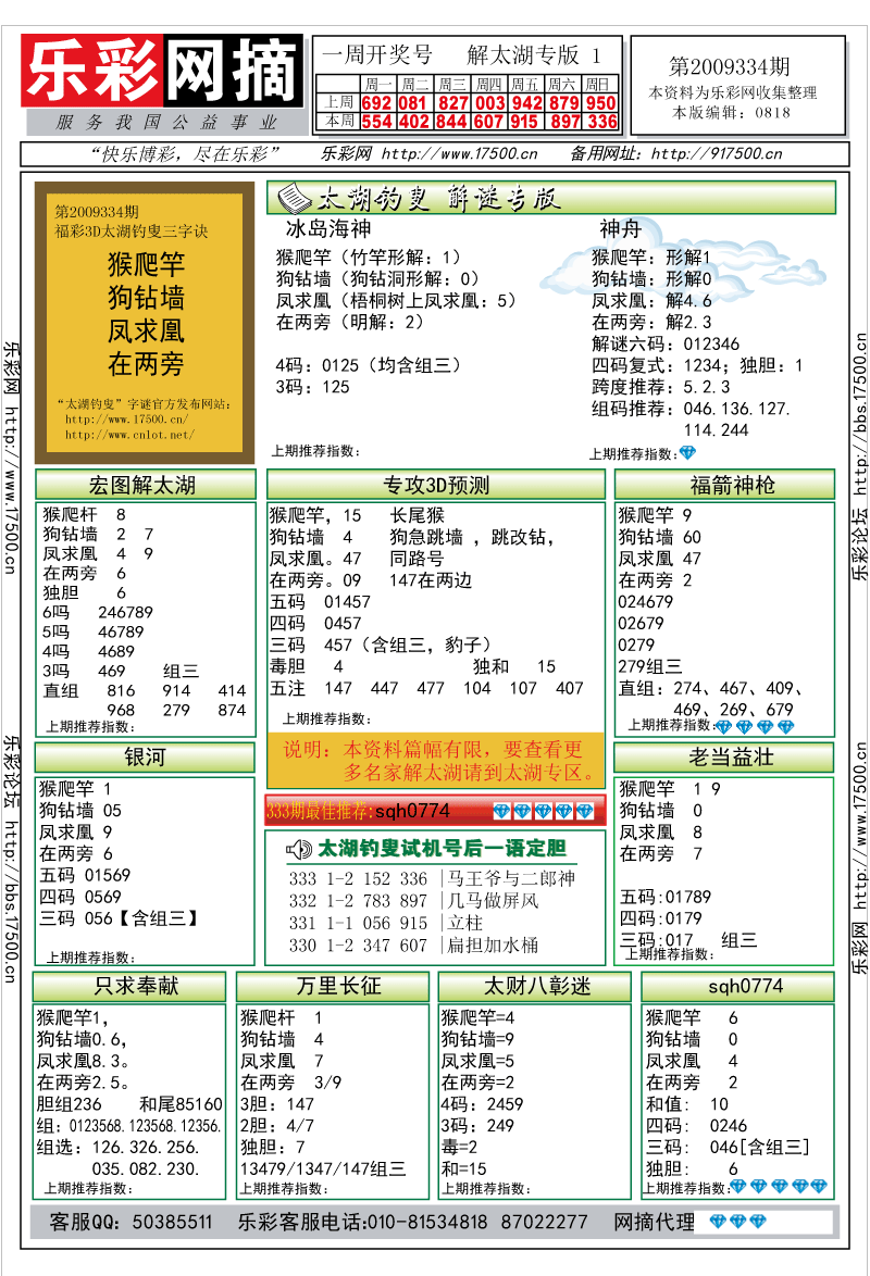 福彩3D第2009334期解太湖钓叟总汇