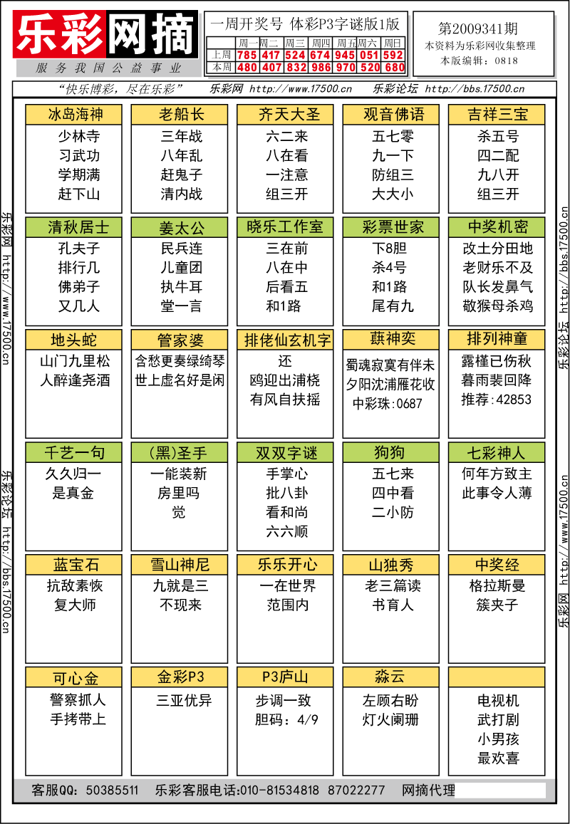 排列三第2009341期字谜总汇