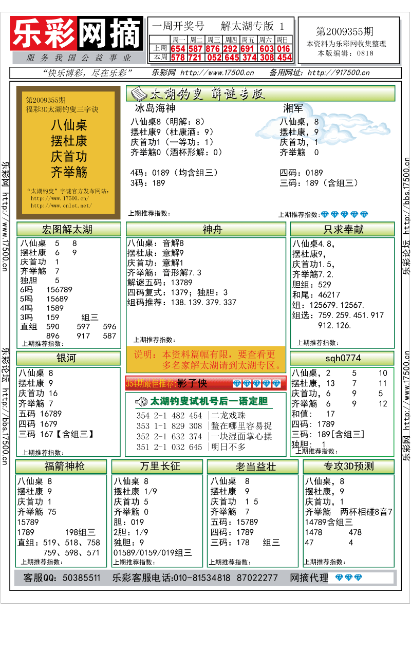 福彩3D第2009355期解太湖钓叟总汇