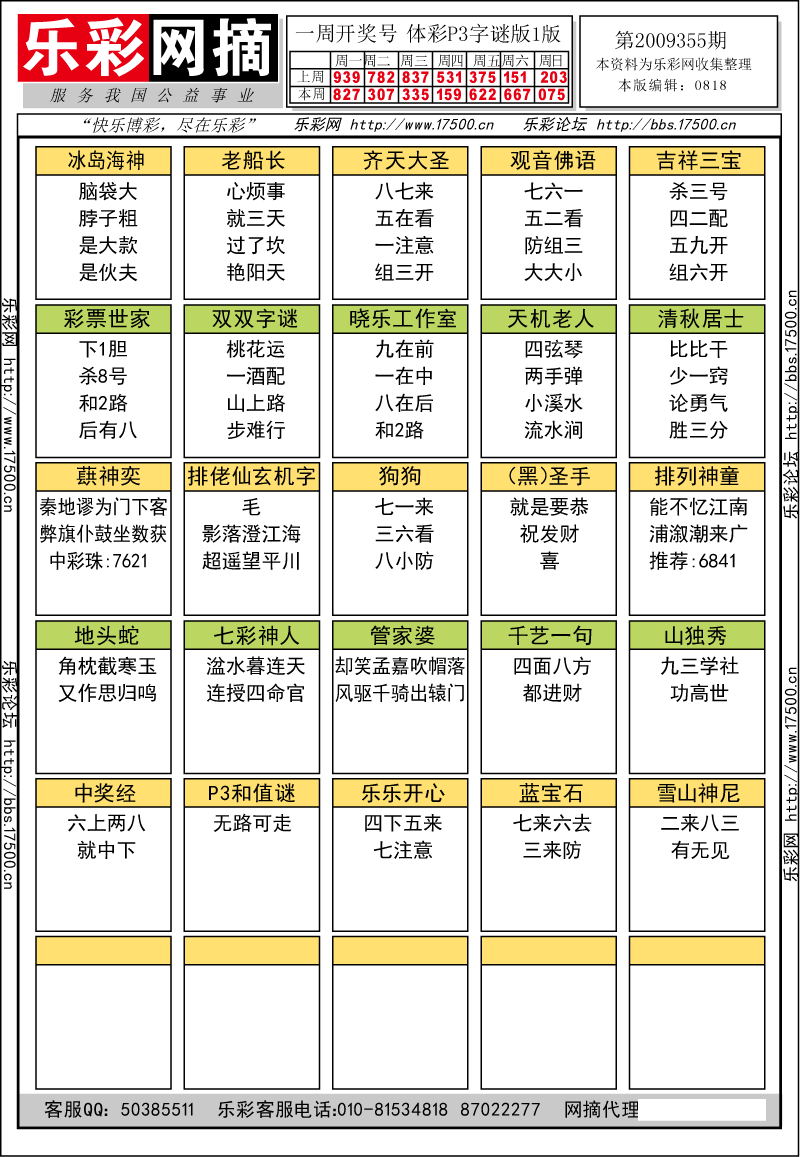 排列三第2009355期字谜总汇