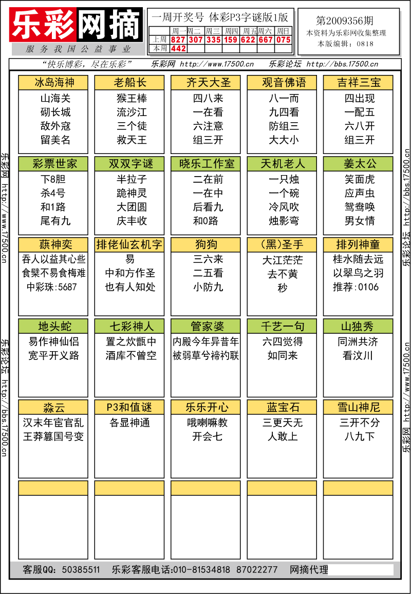 排列三第2009356期字谜总汇