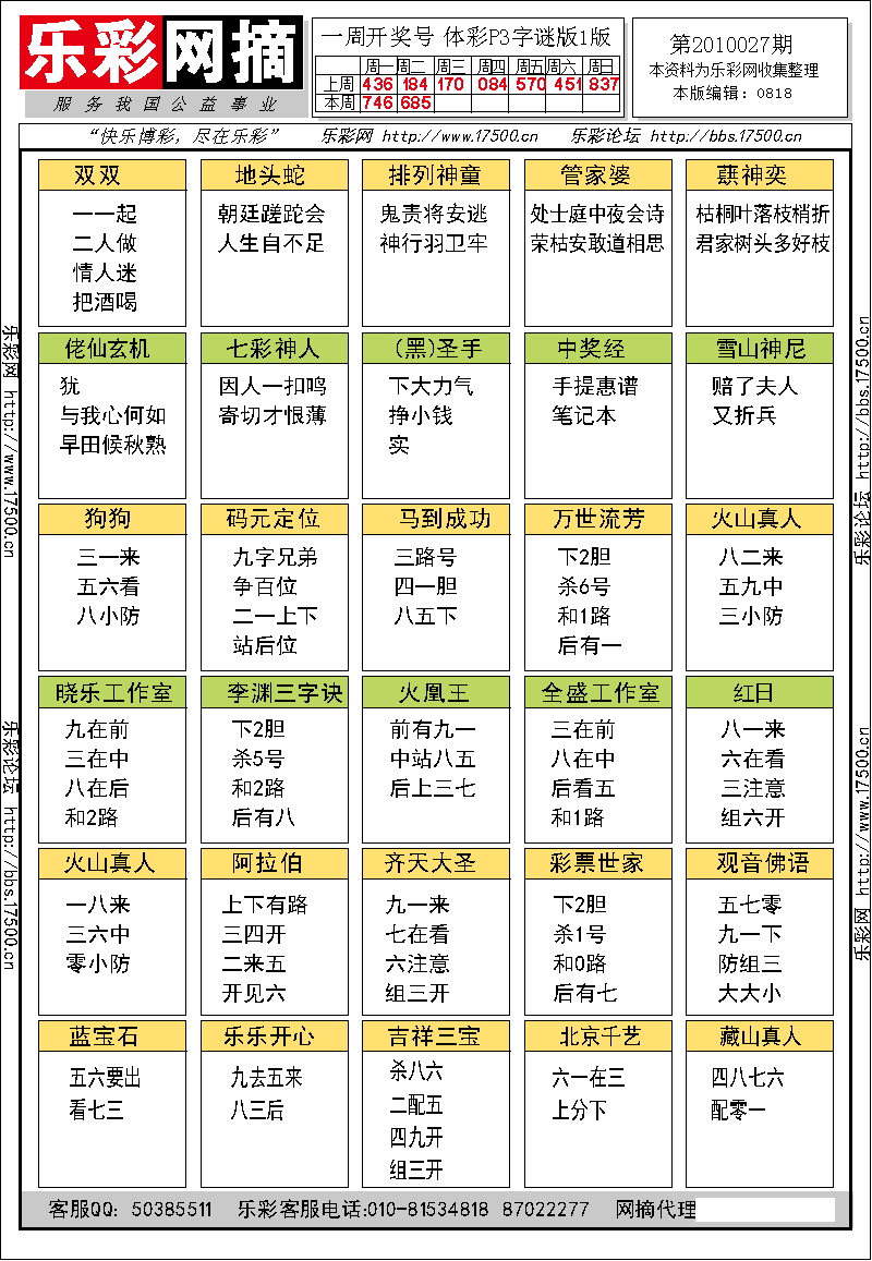 排列三第2010027期字谜总汇