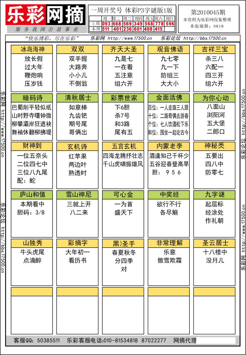 排列三第2010045期字谜总汇