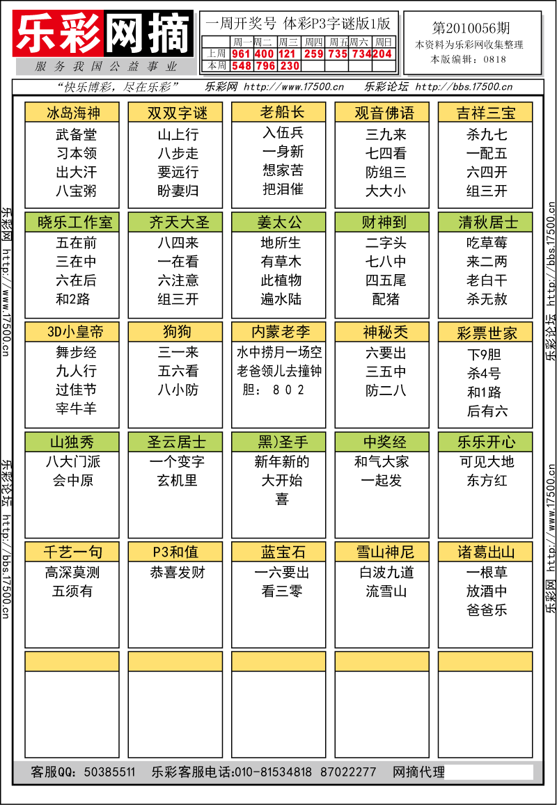 排列三第2010056期字谜总汇