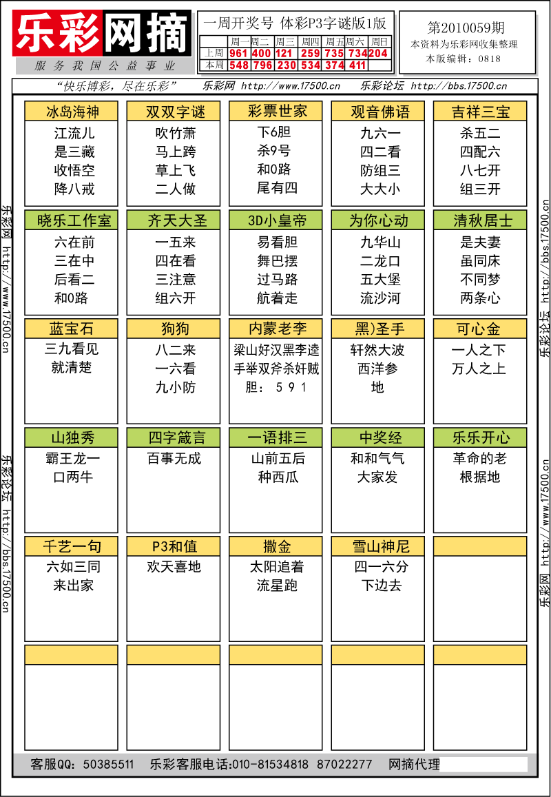 排列三第2010059期字谜总汇