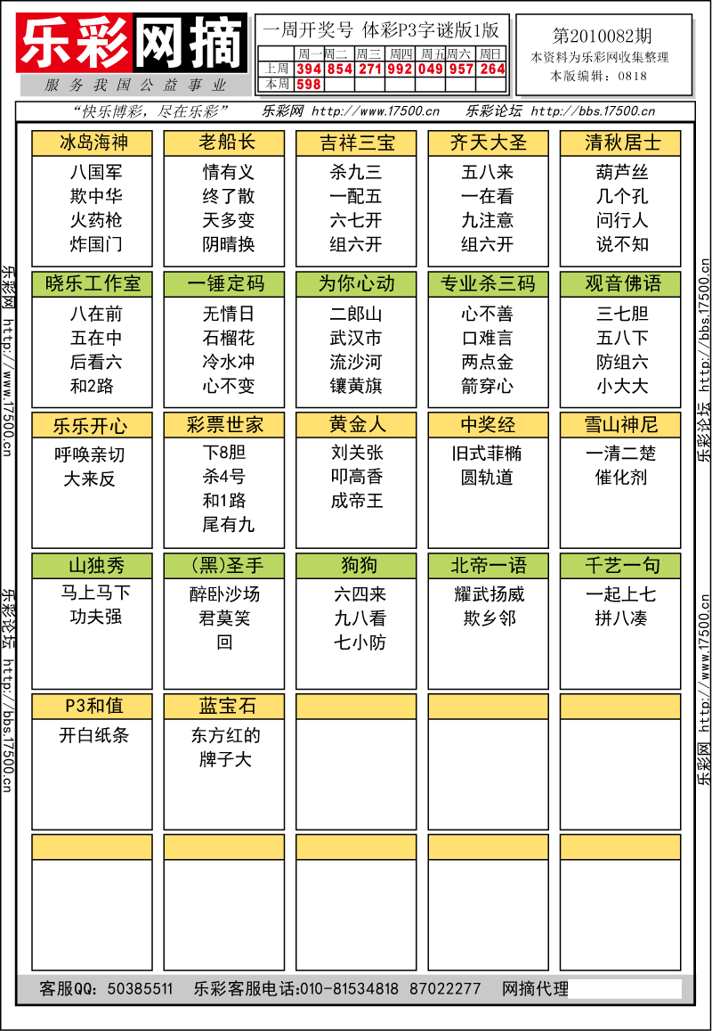 排列三第2010082期字谜总汇