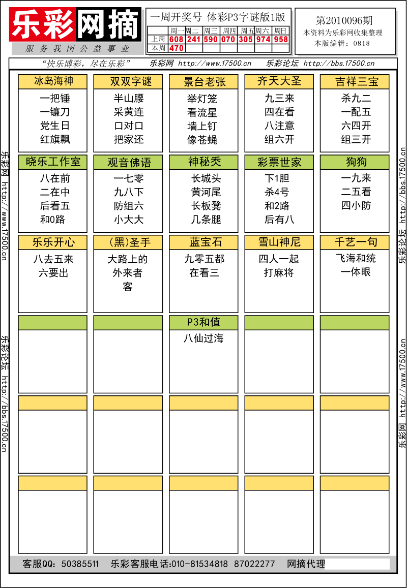 排列三第2010096期字谜总汇