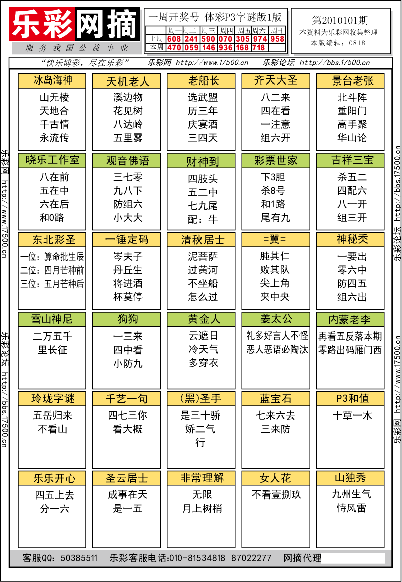 排列三第2010101期字谜总汇