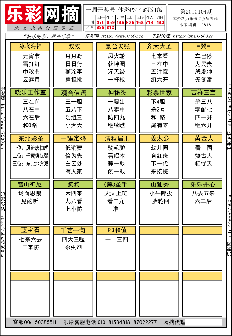 排列三第2010104期字谜总汇