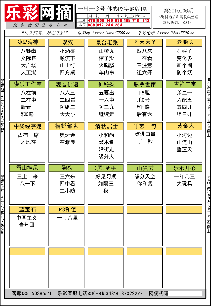 排列三第2010106期字谜总汇